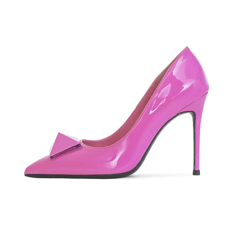Pink patent leather women's pointed toe stiletto heels with buckle detailing