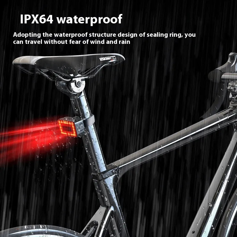 Smart millimetre wave bicycle radar taillight with double bracket mount showing dimensions and lighting modes