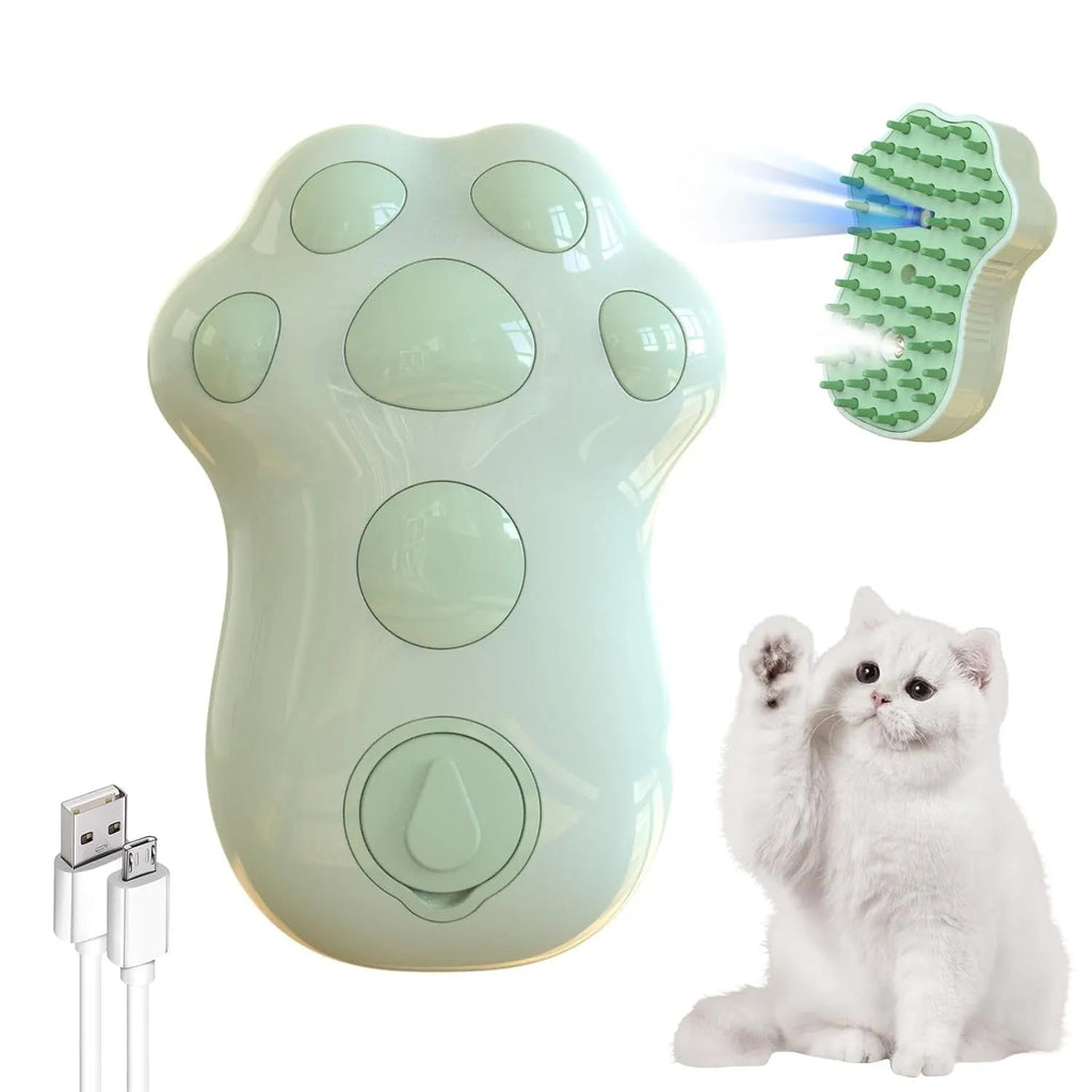 Blue self-cleaning cat steam brush with silicone bristles and a release button for pet grooming.