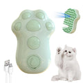 Blue self-cleaning cat steam brush with silicone bristles and a release button for pet grooming.