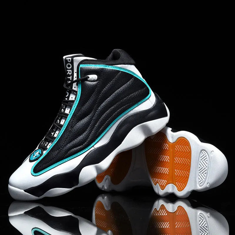 High-top basketball shoes with thick rubber soles and mesh upper in AJ13 colour options