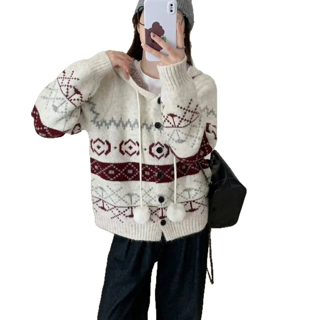 Geometric pattern brocade sweater coat in milky white colour with loose fit free size design