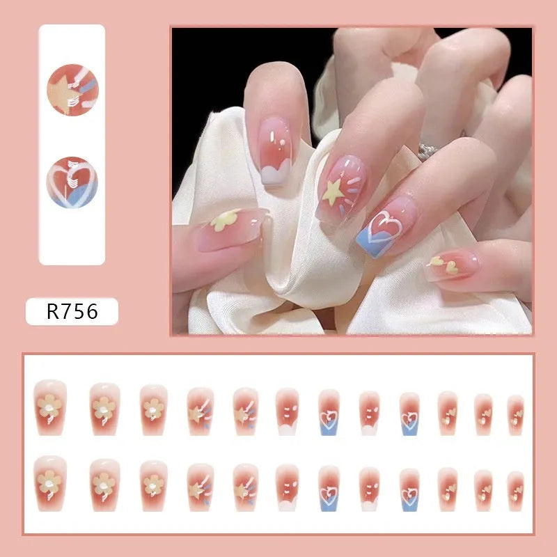 Blush flower fake nail patch set with love patterns for ladies