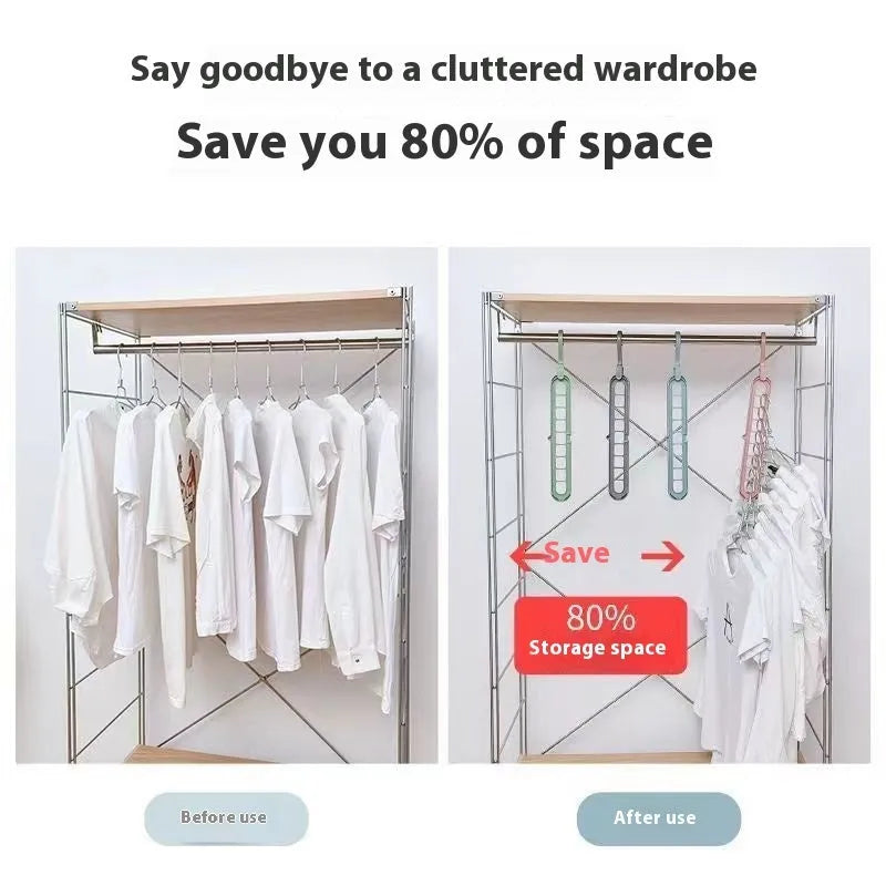 Foldable plastic hanger with nine holes for hanging trousers, shown in a choice of colours.