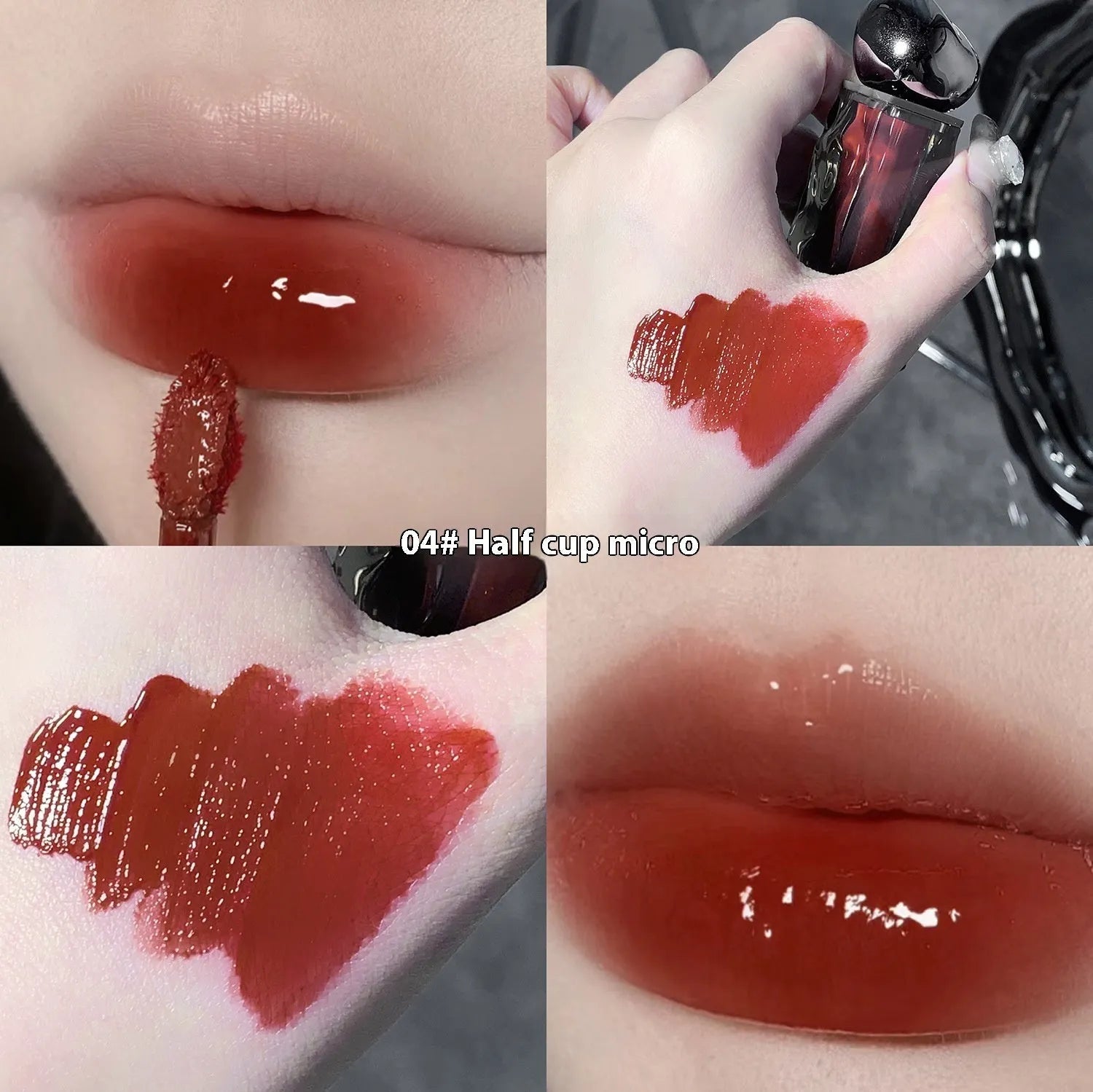 Glacier Lava Lip Lacquer lip gloss tube showcasing a high-shine, mirror finish, with visual of seven colour shade options.