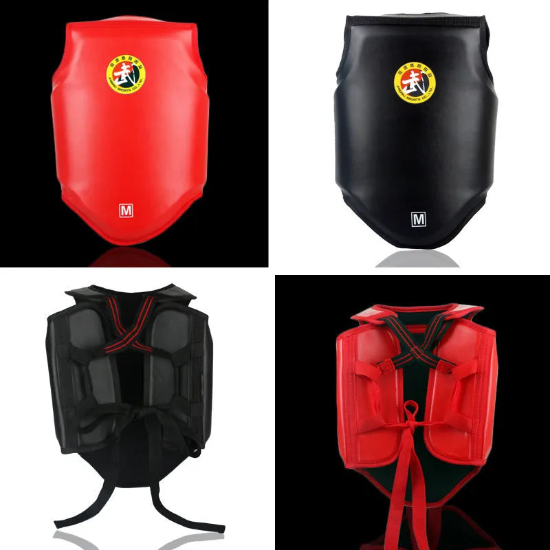 Red boxing helmet and chest protector set with one-piece design for training