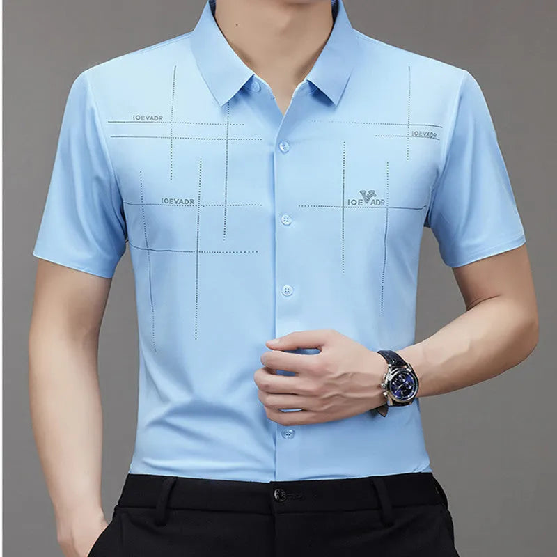 Striped polyester short-sleeved seamless business shirt for summer, available in white, black, wine red, dark green, dark blue, mechanical blue, sky blue