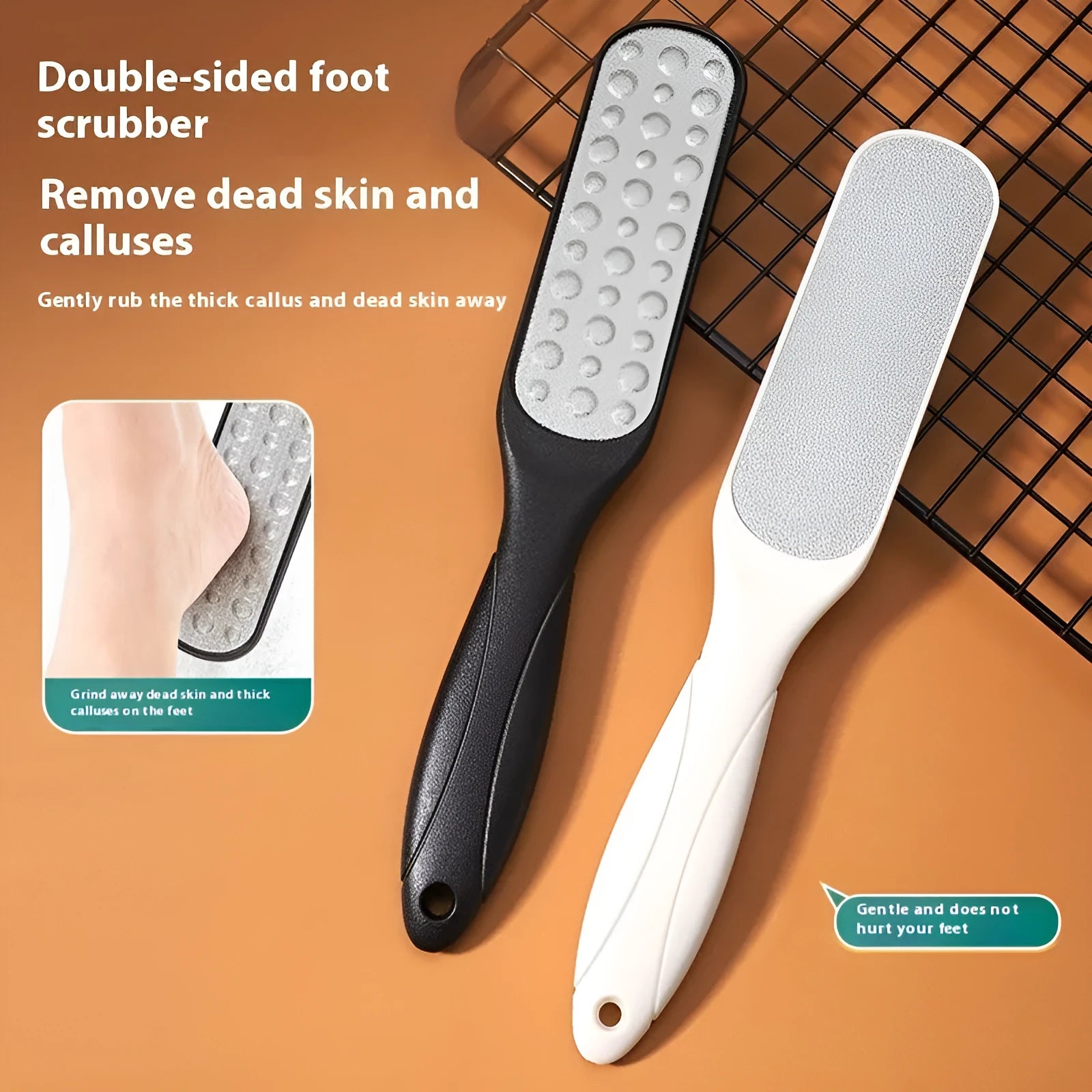 Stainless steel foot grinder with double-sided black and white sandpaper surfaces for callus removal