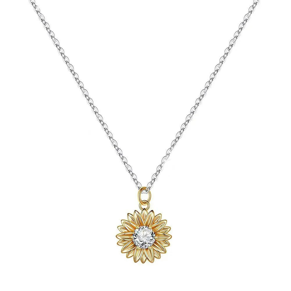 925 sterling silver sunflower necklace with daisy petal detail on an adjustable cross chain
