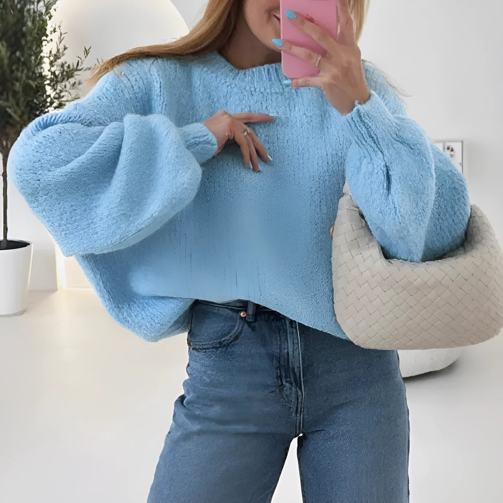 Blue round neck loose fit long sleeve pullover sweater for women