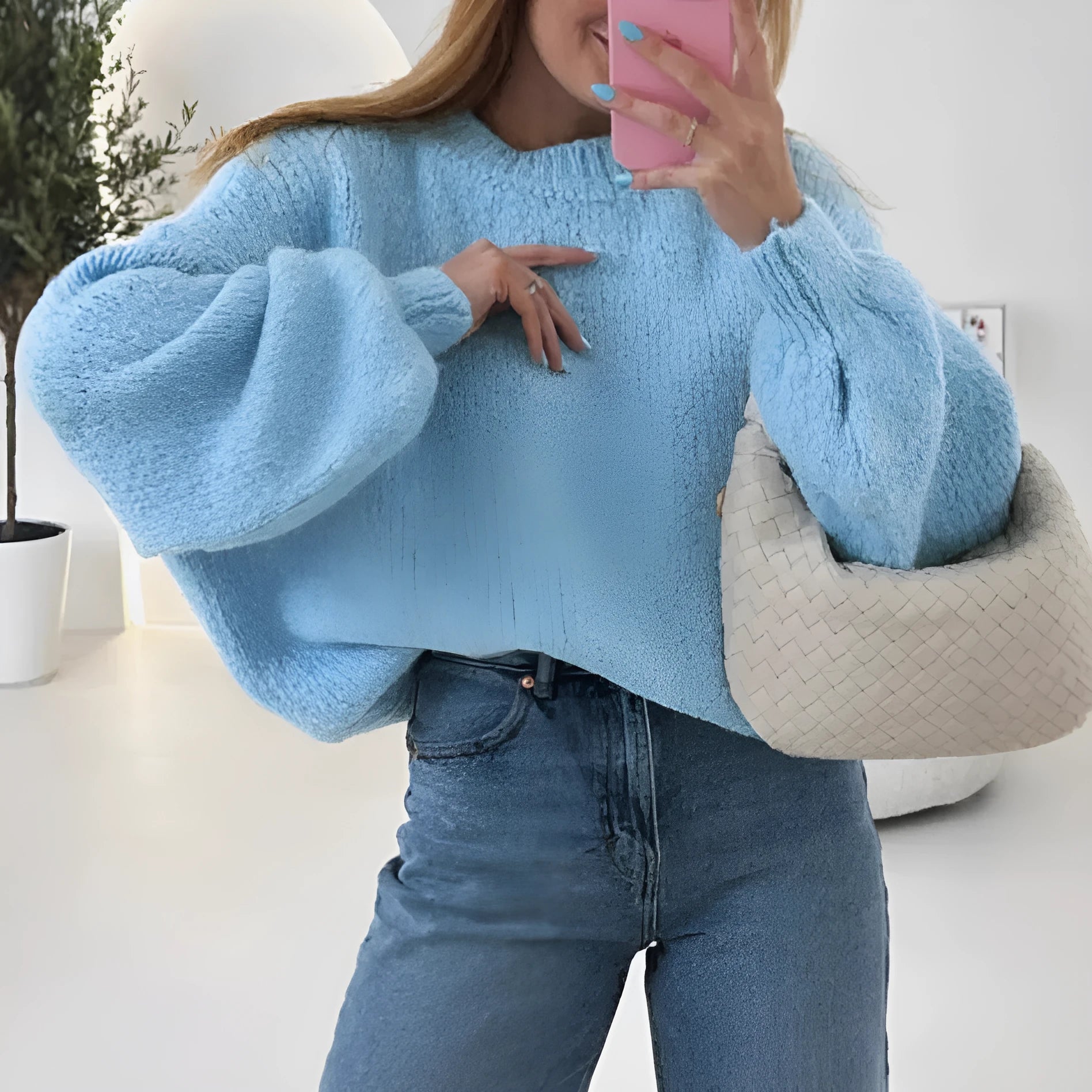 Blue round neck loose fit long sleeve pullover sweater for women