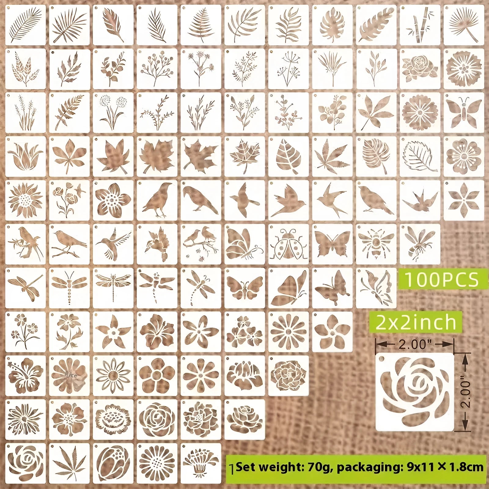 Milky white PET film craft stencils showing hollow cut-out designs of animals, flowers, letters, and ocean themes.