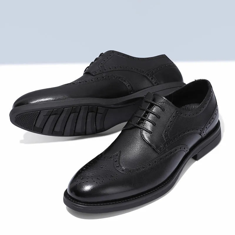 Men's black and brown brogue business shoes with classic perforated toe cap detailing