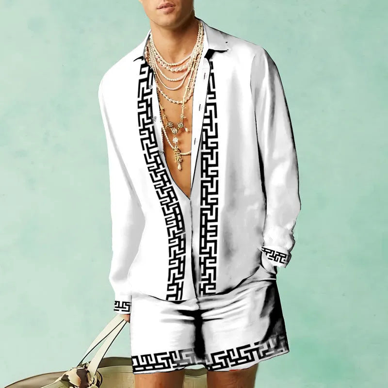 Men's slim fit casual summer set with long sleeve shirt and matching shorts in various colours