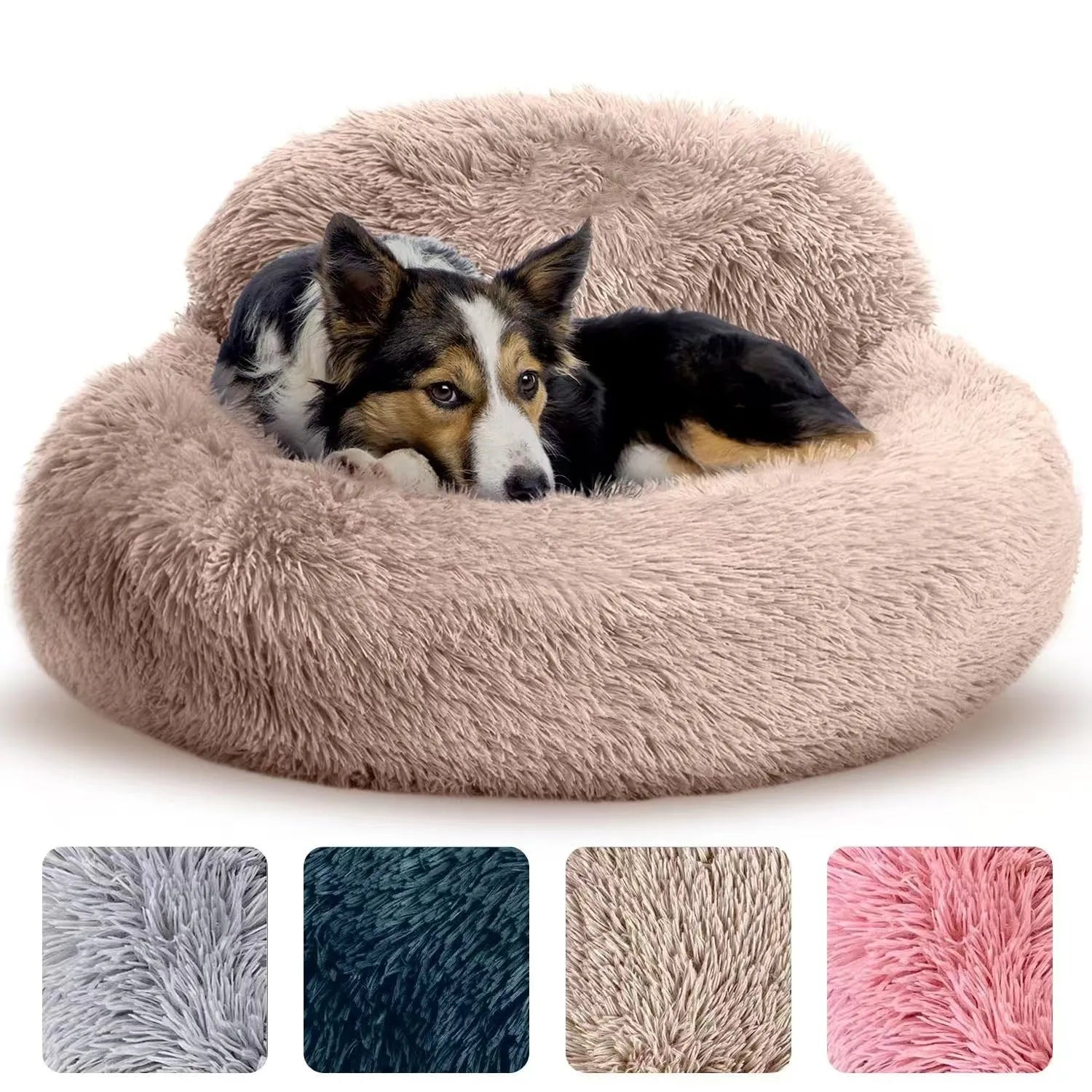 Round plush pet bed with raised backrest in khaki colour, 60cm diameter, suitable for small dogs and cats