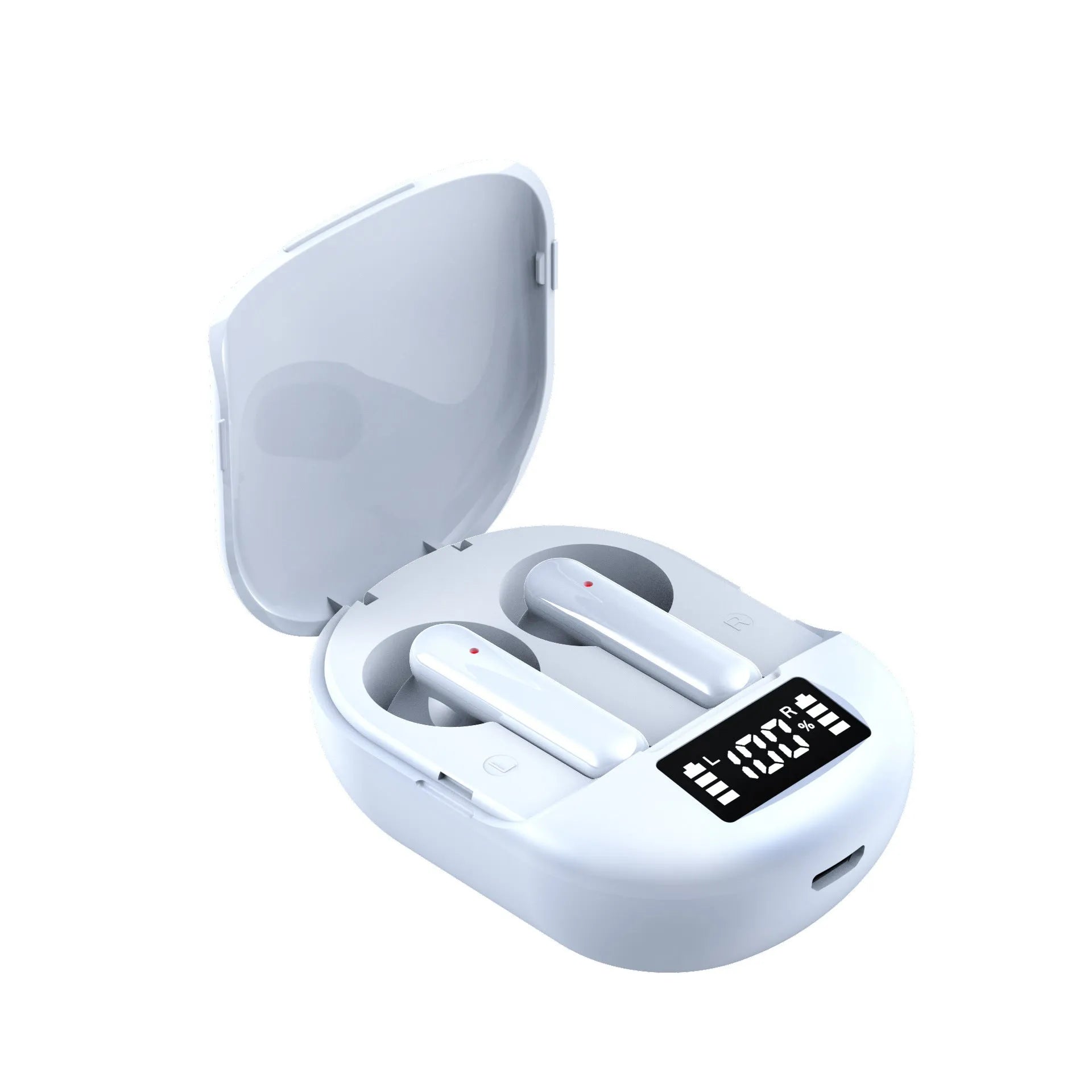 Black and white wireless Bluetooth in-ear headphones with a digital display charging case.