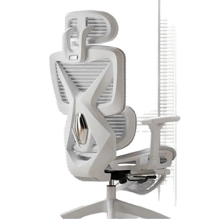 Black frame mesh ergonomic gaming chair with 4D armrests and aluminium alloy foot on a home office floor