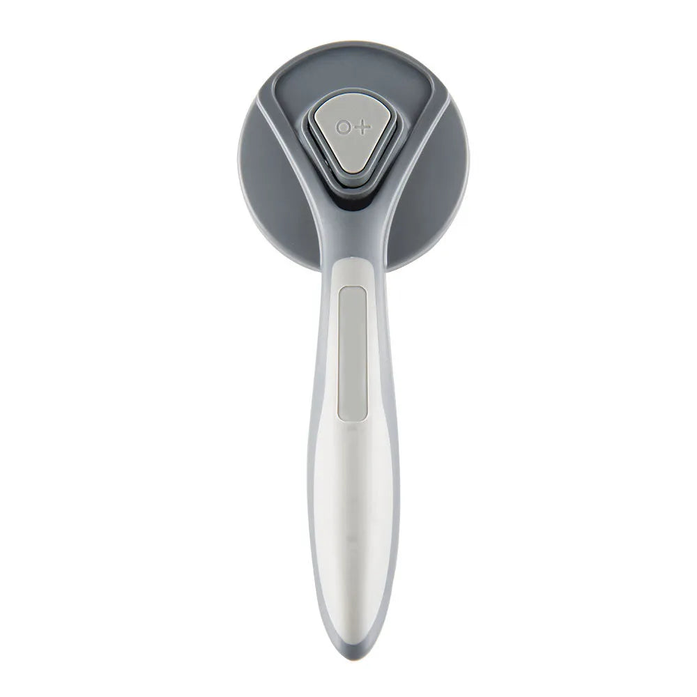 Grey self-cleaning slicker brush for pet grooming with ergonomic handle and one-click button.