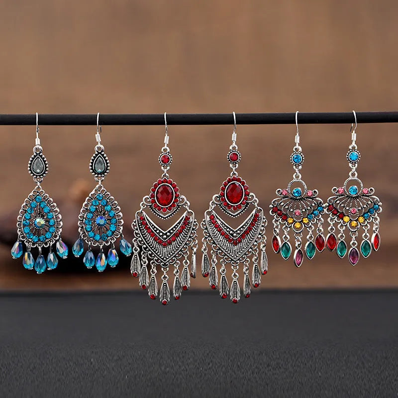 Retro alloy drop earrings with long crystal fringe in Smart Water Drop Purple colour
