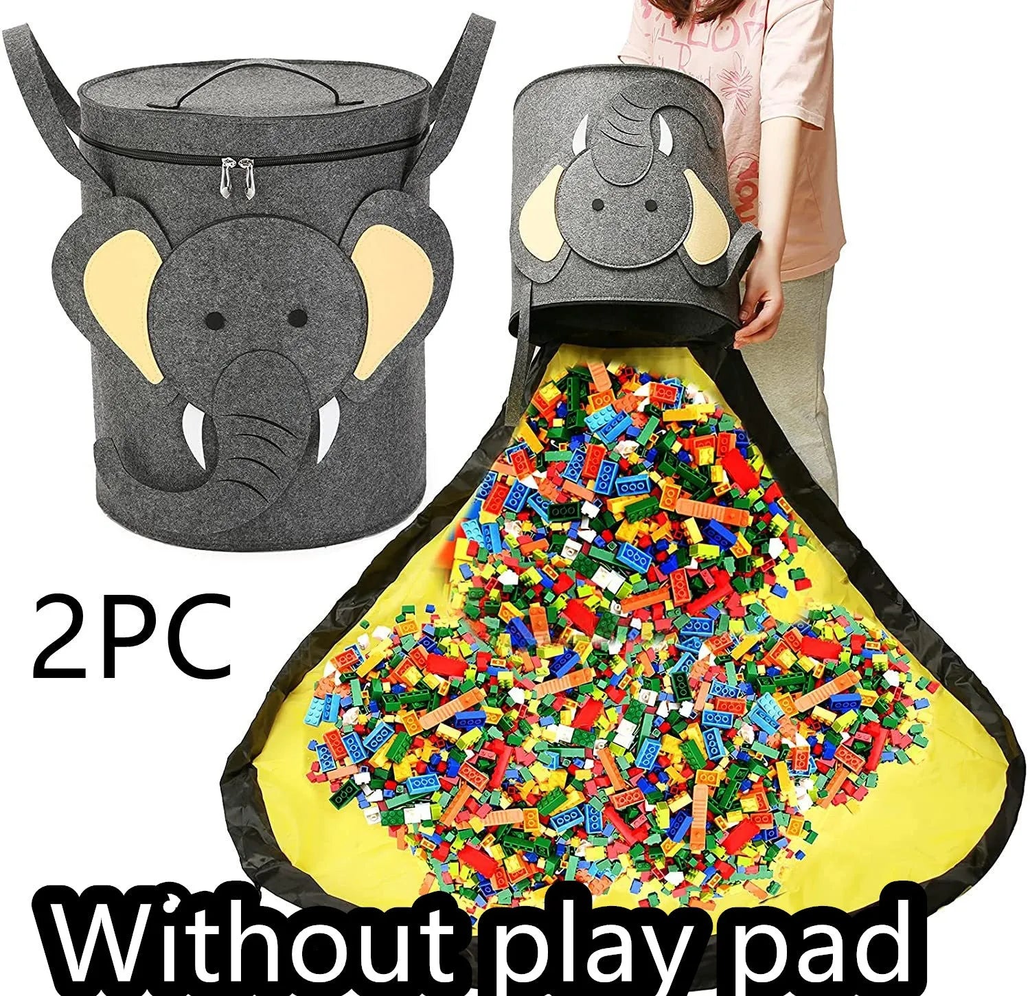 Green felt cube storage bag with pull rope, shown as a toy organiser and play mat.