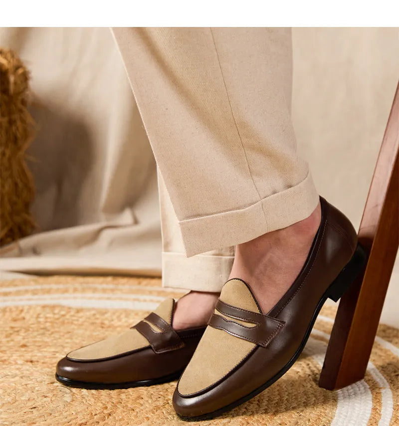Coffee grey high-gloss suede slip-on loafers with a rubber sole, shown on a neutral background.