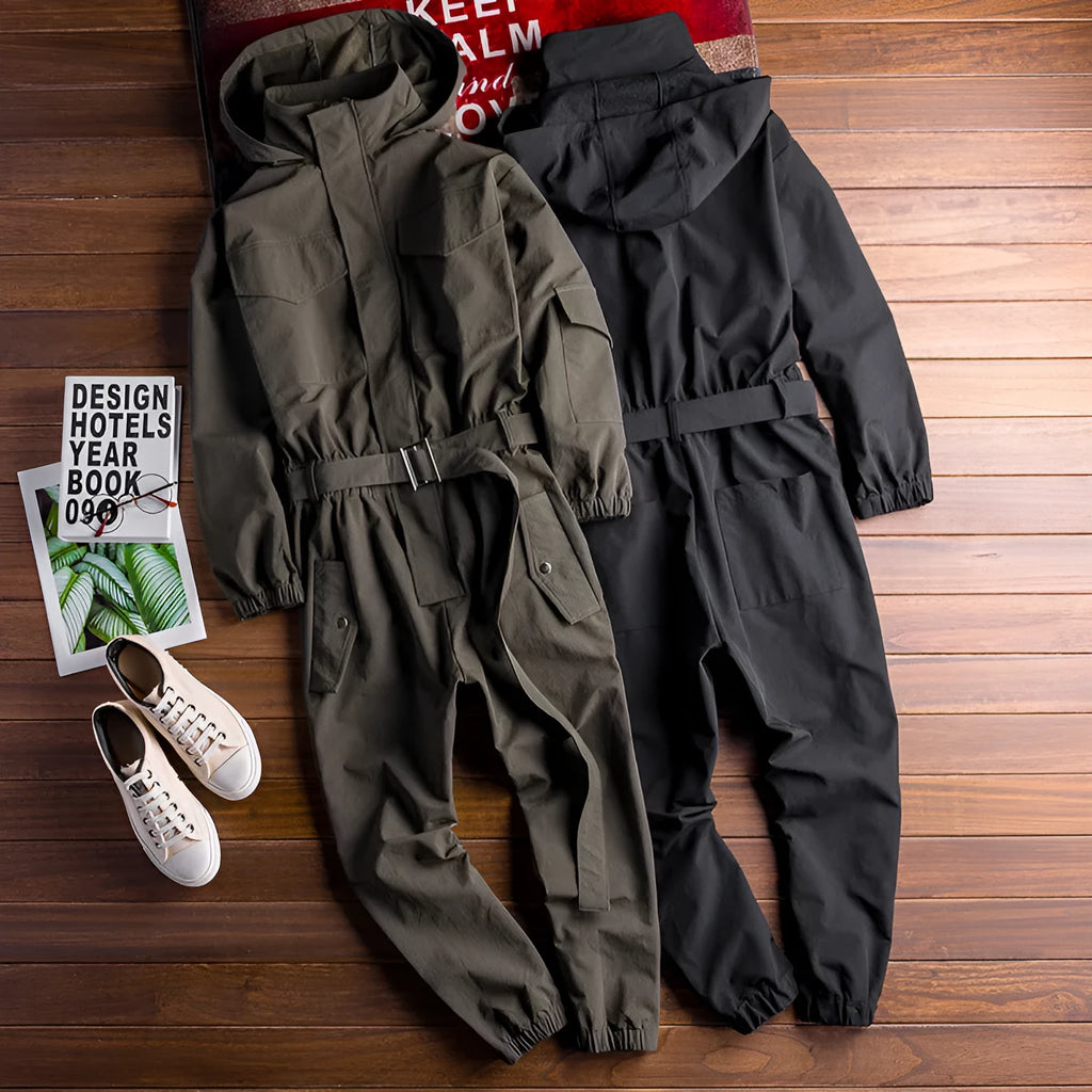 Men's hooded workwear jumpsuit in army green with ankle-tied cuffs and conventional sleeves