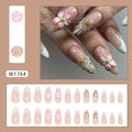French style false nails with W1764 simple flower pattern and rock design patches
