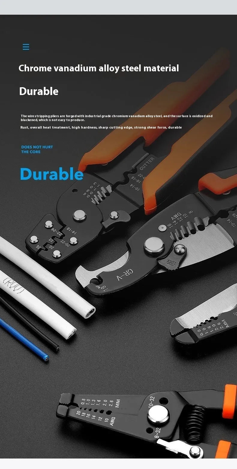 Fully automatic wire stripping pliers tool with high carbon steel blades and box-mounted design