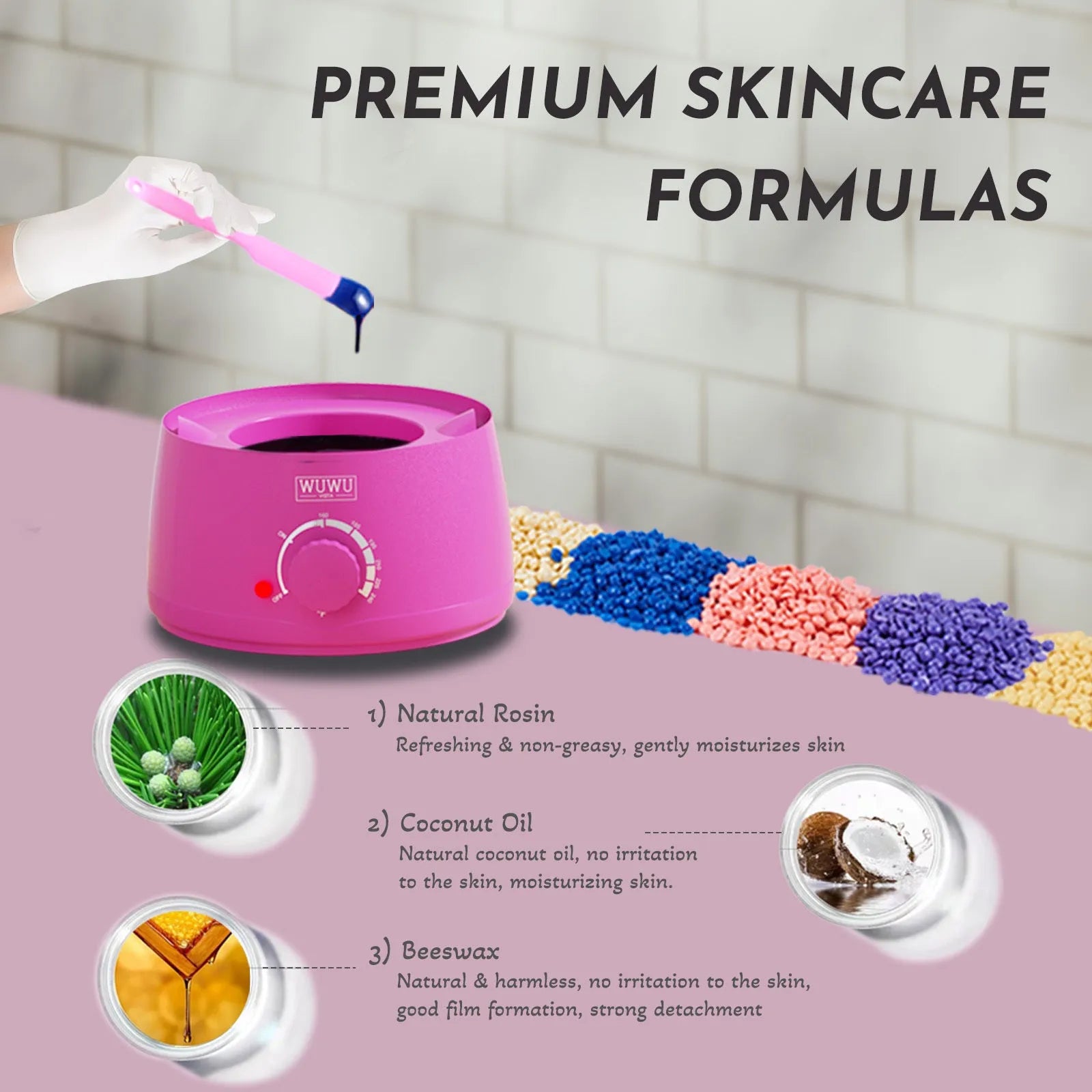 Professional waxing kit with wax warmer, hard wax beans, applicator sticks and aftercare products for sensitive skin
