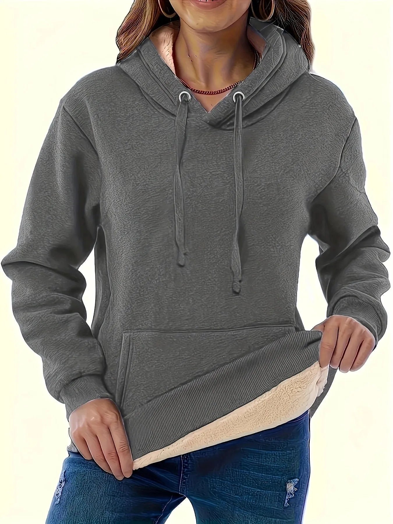 Women's thick grey hooded sweater with a raised 3D pattern, loose fit