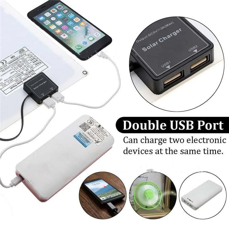 Portable solar panel with dual USB ports for outdoor device charging