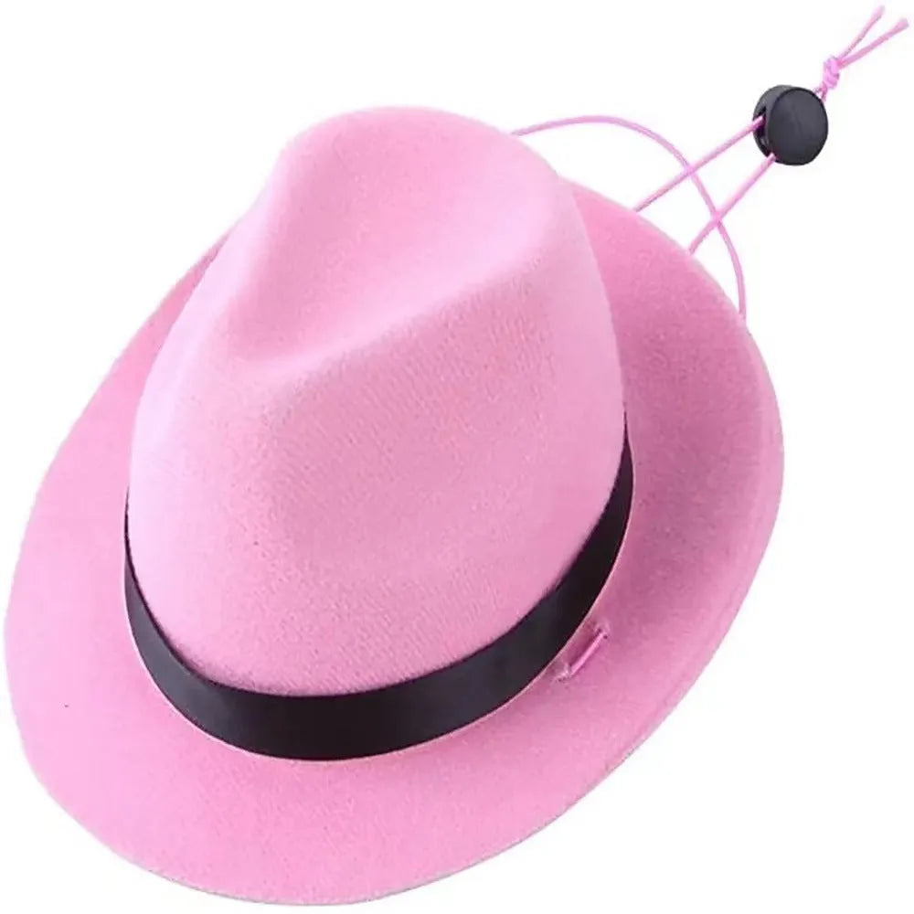 Small pink wool felt pet sun hat with hairpin accessory on white background