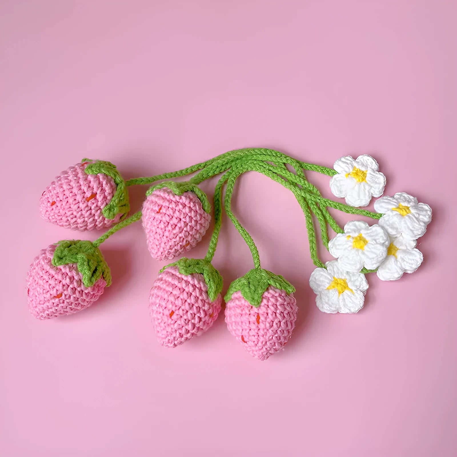 Handmade wool crochet strawberry pendant necklace in red or pink with 35cm length