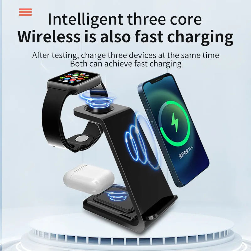 Black upright wireless phone charger with holder displaying mobile phone at angle for charging and viewing