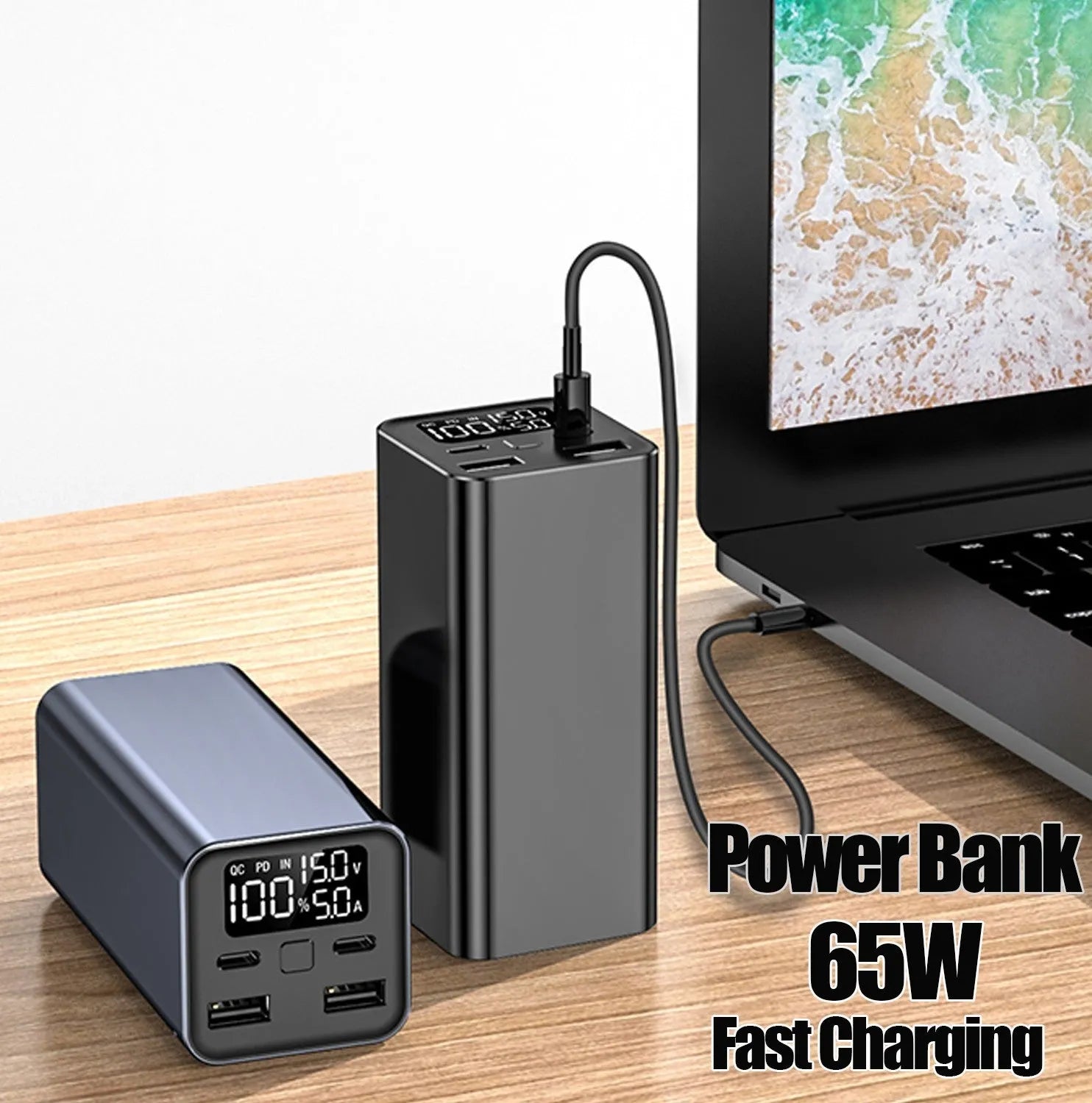 Black 65W metal power bank for laptop charging with 20000mAh capacity