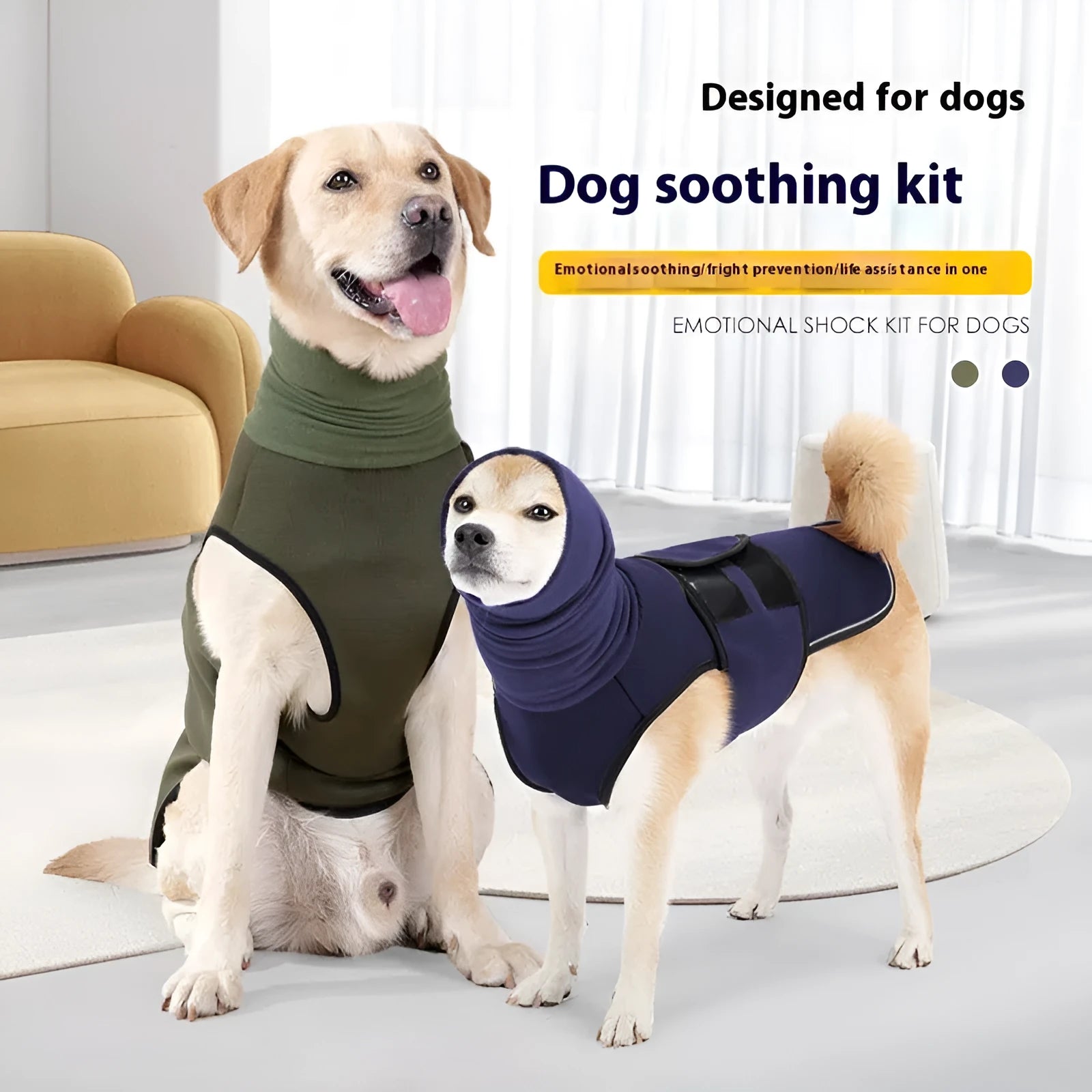 Dog wearing polyester calming jacket for anxiety relief in army green colour