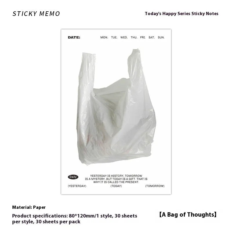 Today's Happy Series non-adhesive sticky notes pad with 30 pages of writing paper in transparent white, hot milk, toast, and bag of worries designs, size 120x80mm.