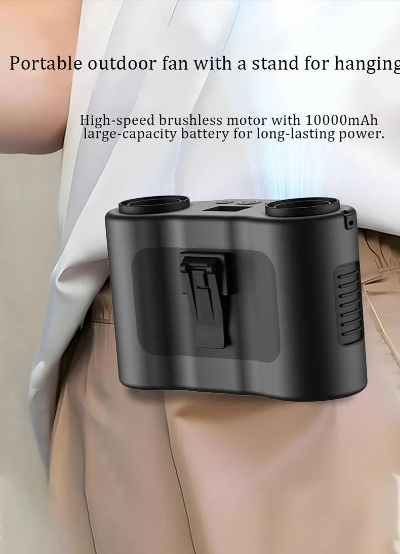 Black portable waist-hung fan with neck lanyard and waist buckle, shown for hands-free outdoor use.