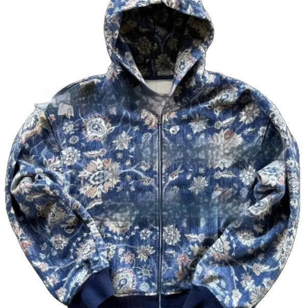 Red or blue digital print men's hooded zip coat with loose fit design and long sleeves