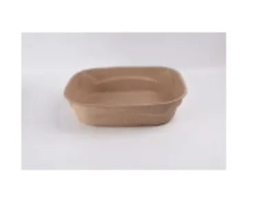 Brown biodegradable disposable cat litter box showing three size options.