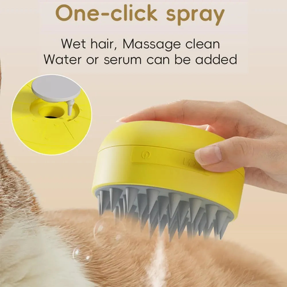Rechargeable green and yellow pet steam brush with silicone bristles on a table.