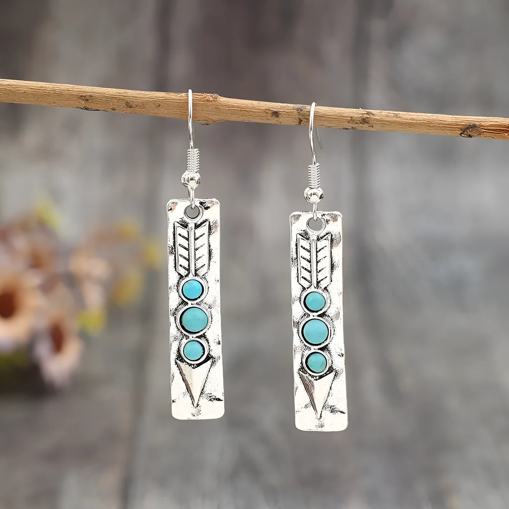Silver geometric earrings with blue turquoise inlay, retro style zinc alloy women's jewellery