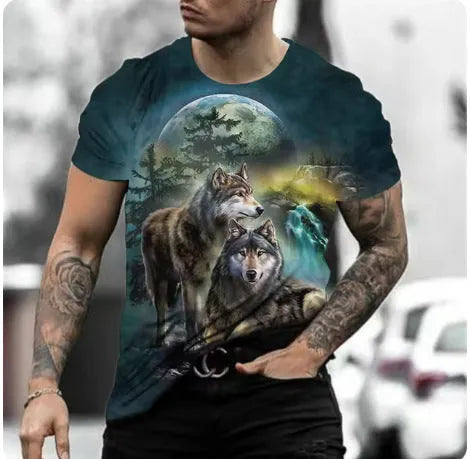 Retro 3D animal graphic printed on a men's grey short-sleeved T-shirt.