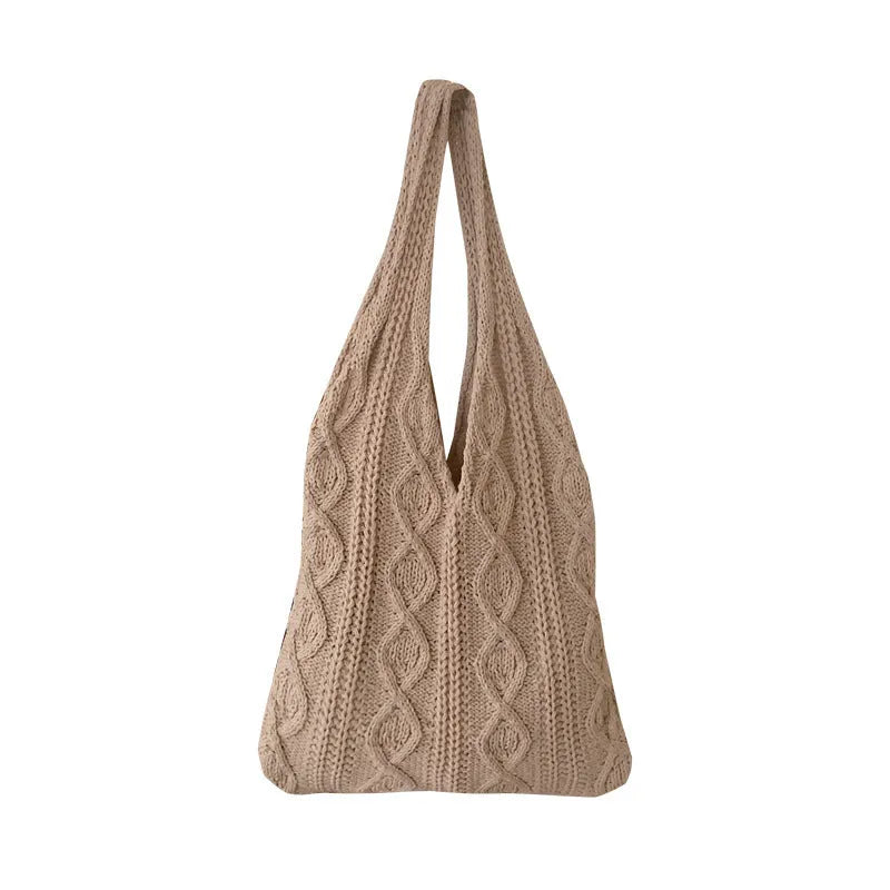 Retro style hollow knitted women's tote bag in a solid colour with double shoulder straps