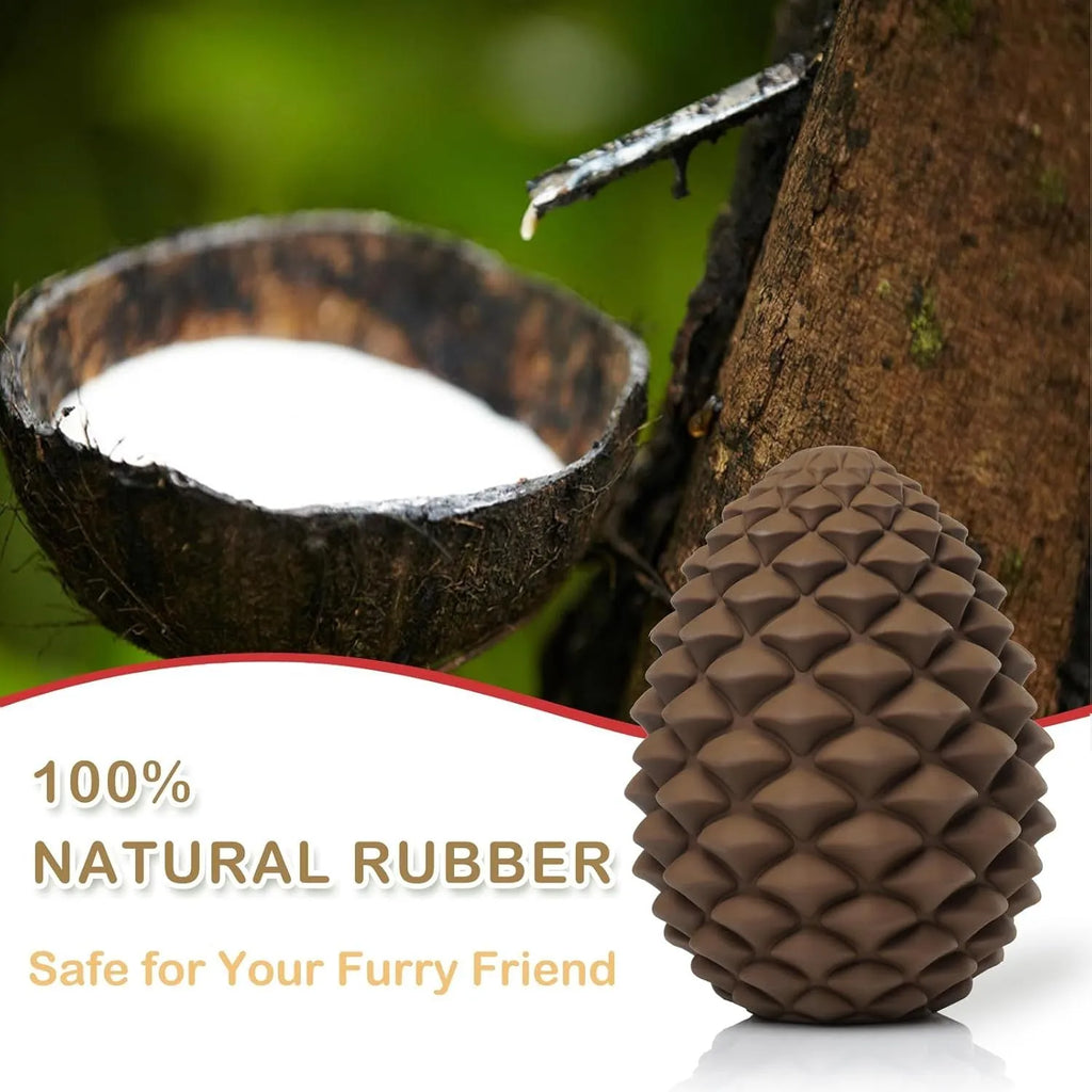 Yellow pine cone shaped natural rubber dog chew toy with treat dispenser for medium large dogs