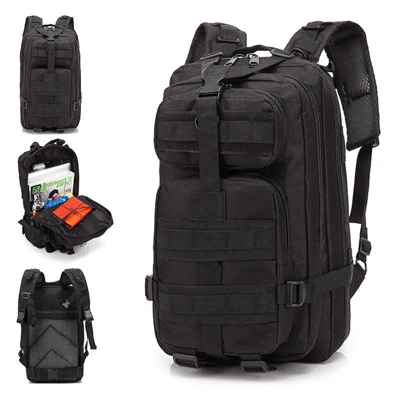 Large khaki coloured off-road hiking backpack with adjustable straps and multiple compartments.