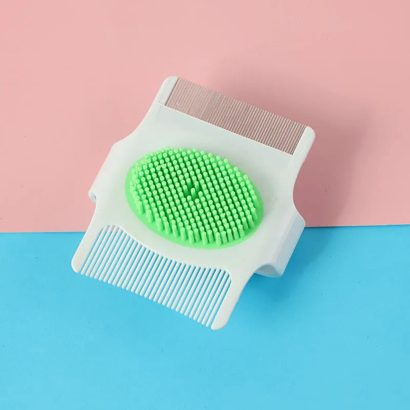 Multifunctional pet comb in blue or green for dog hair removal and massage, measuring 8.5cm x 7.5cm