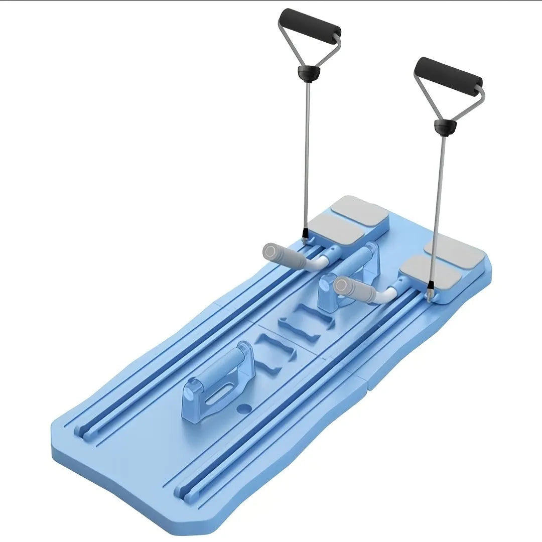 Blue and pink multifunctional ABS supine fitness board with wheel for home core workouts.