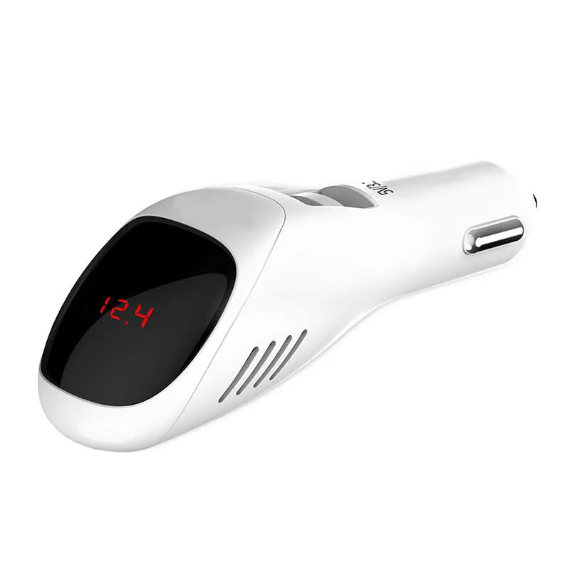 White car USB charger with integrated negative ion purifier showing compact dimensions