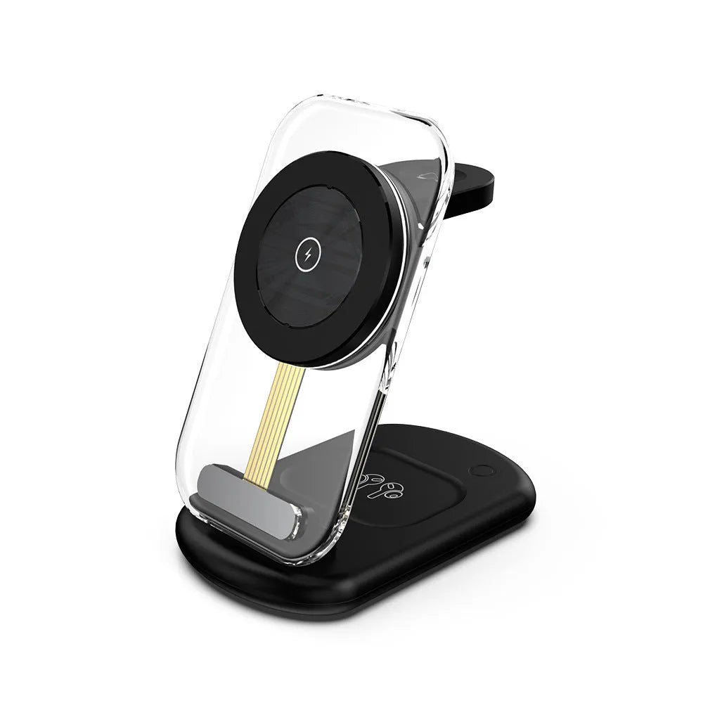 Transparent folding magnetic wireless charger showing black and white colour options with three-device charging capacity